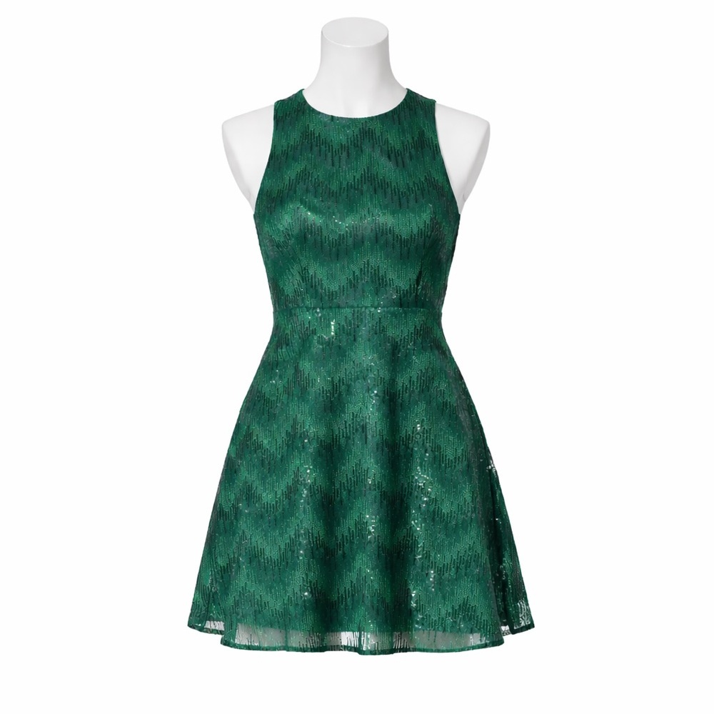 Size L Lulus Women’s Emerald Green Sequin Fit Flare Party Dress Cutout Back Mini